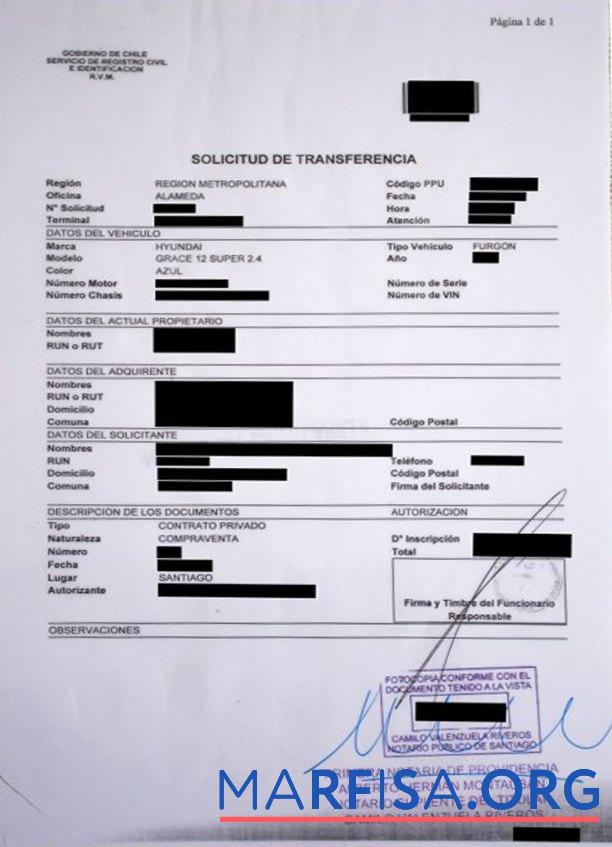 Realistic Chile vehicle registration certificate template